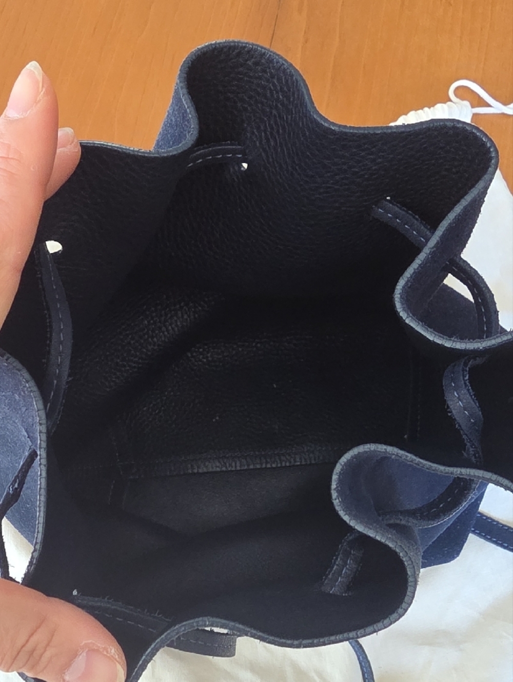 Mansur Gavriel Navy Suede Drawstring Bucket Bag with Pouch - Picture 3 of 10